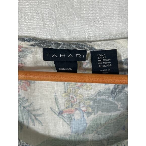 Tahari Blouse 2X 100% Linen Tan Tropical Print Toucan Car Surf Boxy Tunic - Picture 5 of 7